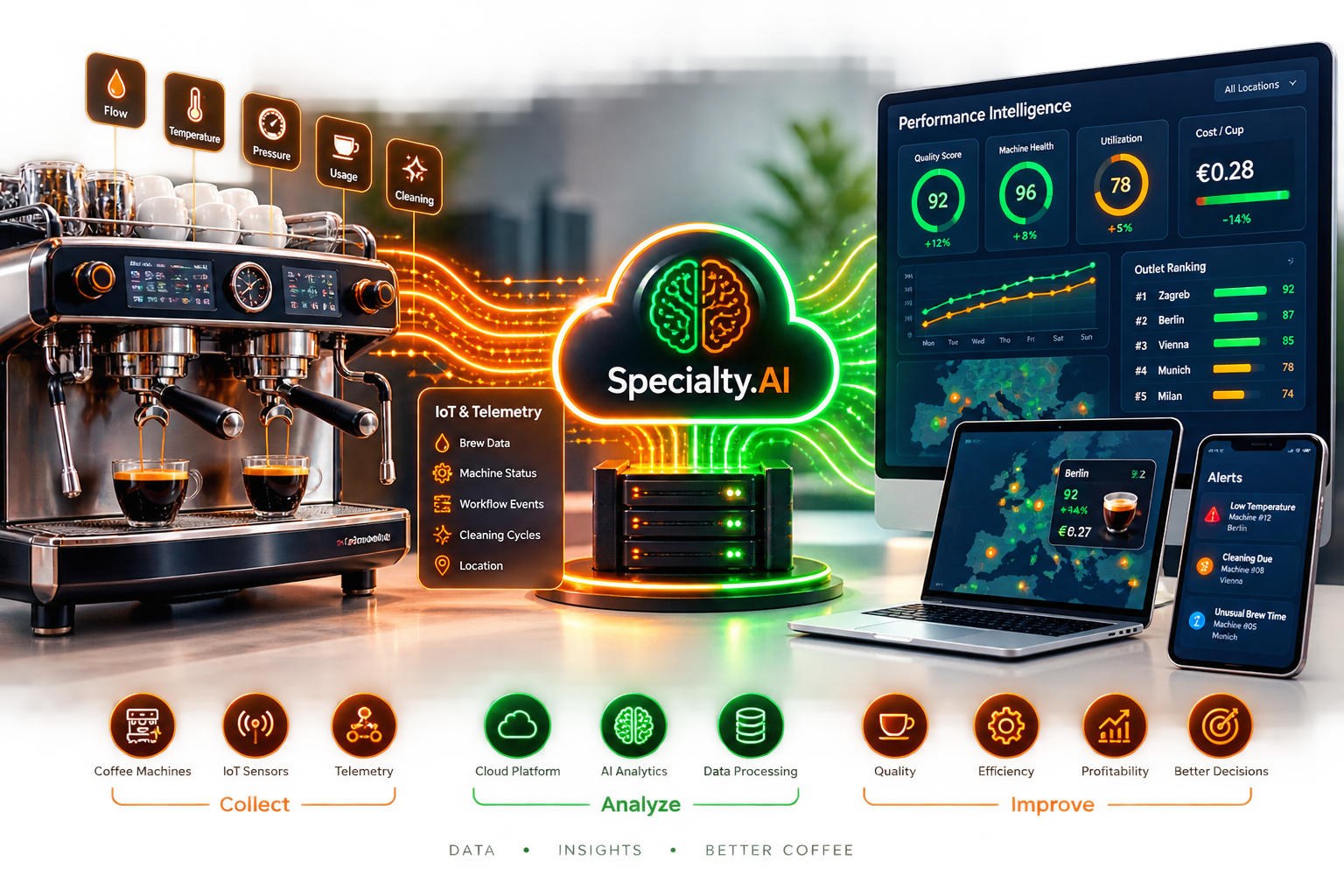 Professional multi-group espresso machine telemetry processed by Specialty.AI